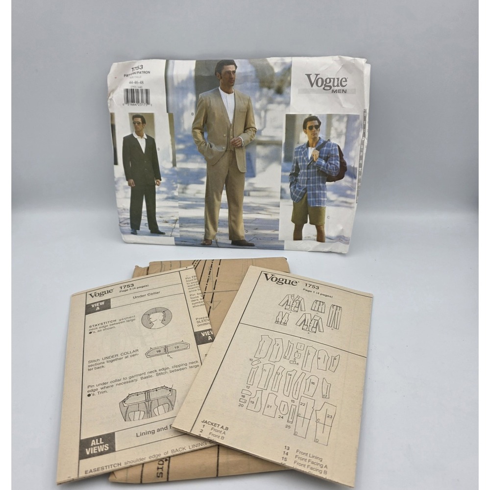 Vogue 1753 UNCUT Mens Sewing Pattern Suit Pants Shorts Jacket 44-46-48 Plus Xras